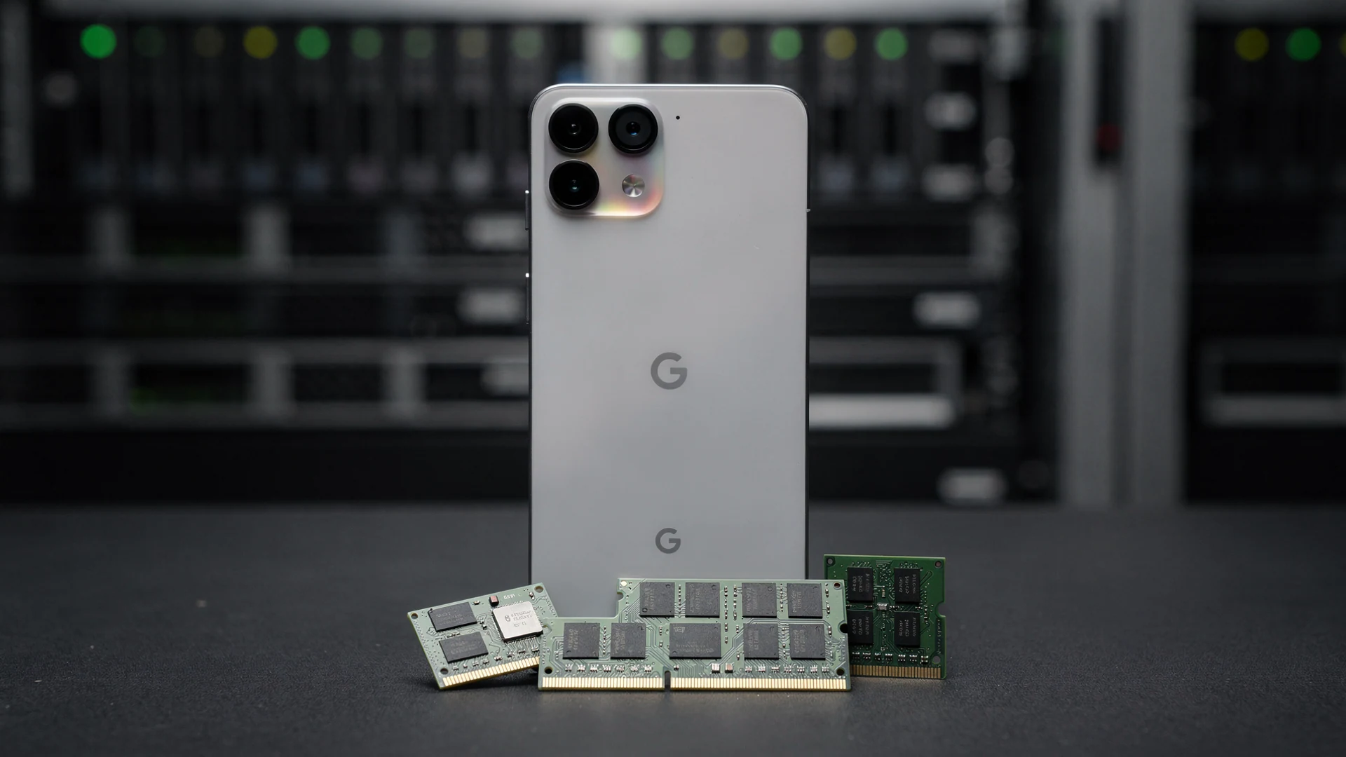 Google Pixel 11 smartphone on a white ceramic surface with moody lighting and a background of dimly lit memory chips.