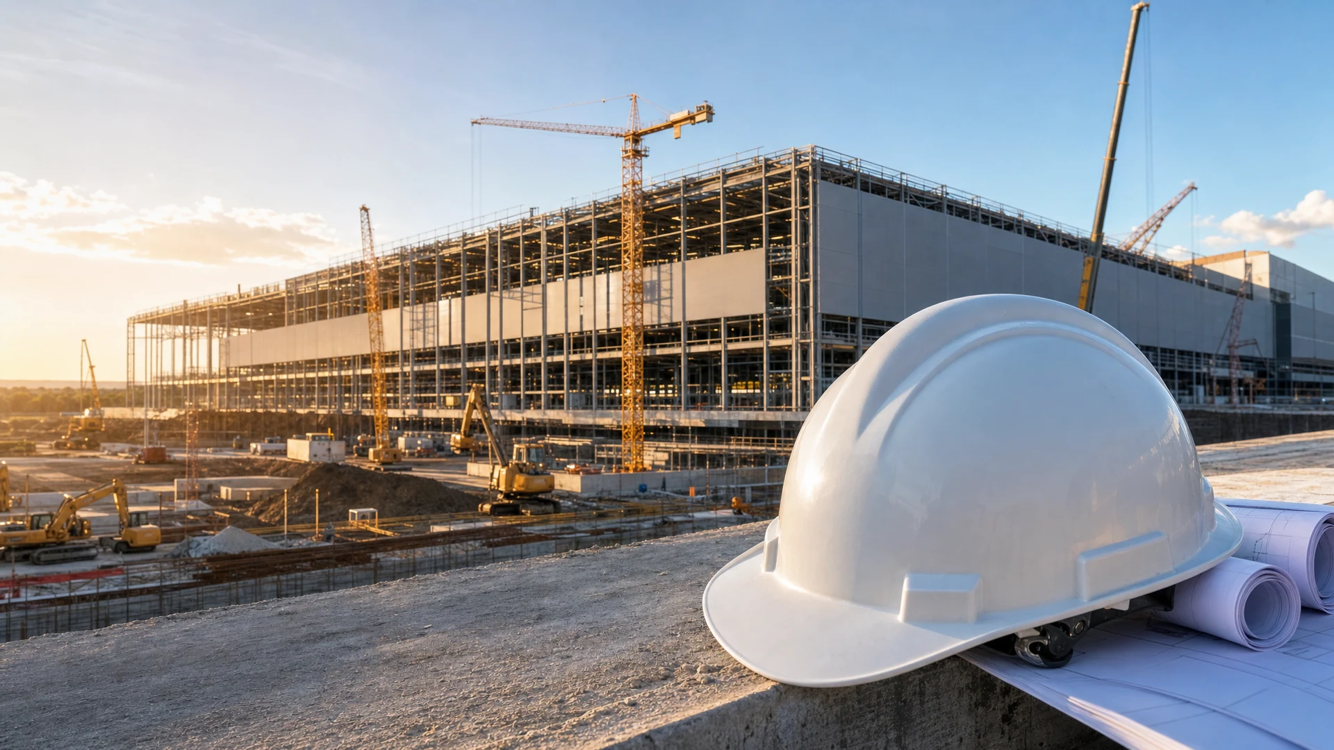 Editorial view of the unfinished Samsung semiconductor fab building under construction on the flat Taylor, Texas campus, with tower cranes rising beside the concrete and steel shell against a pale sky.