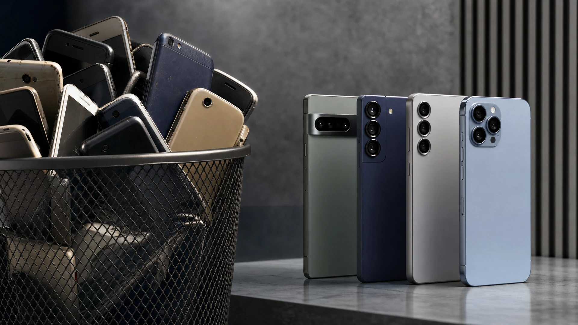 Samsung Galaxy A17 mid-range smartphone standing on a shipping carton in a wholesale device distribution warehouse, high-contrast editorial product shot with blank screen