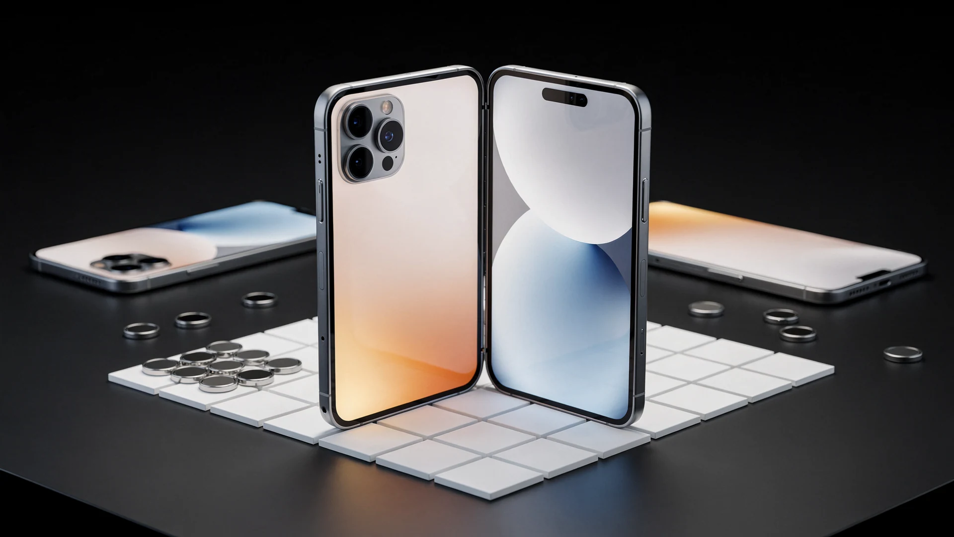 Premium flagship smartphone standing on a dark studio surface with a softly glowing blank screen
