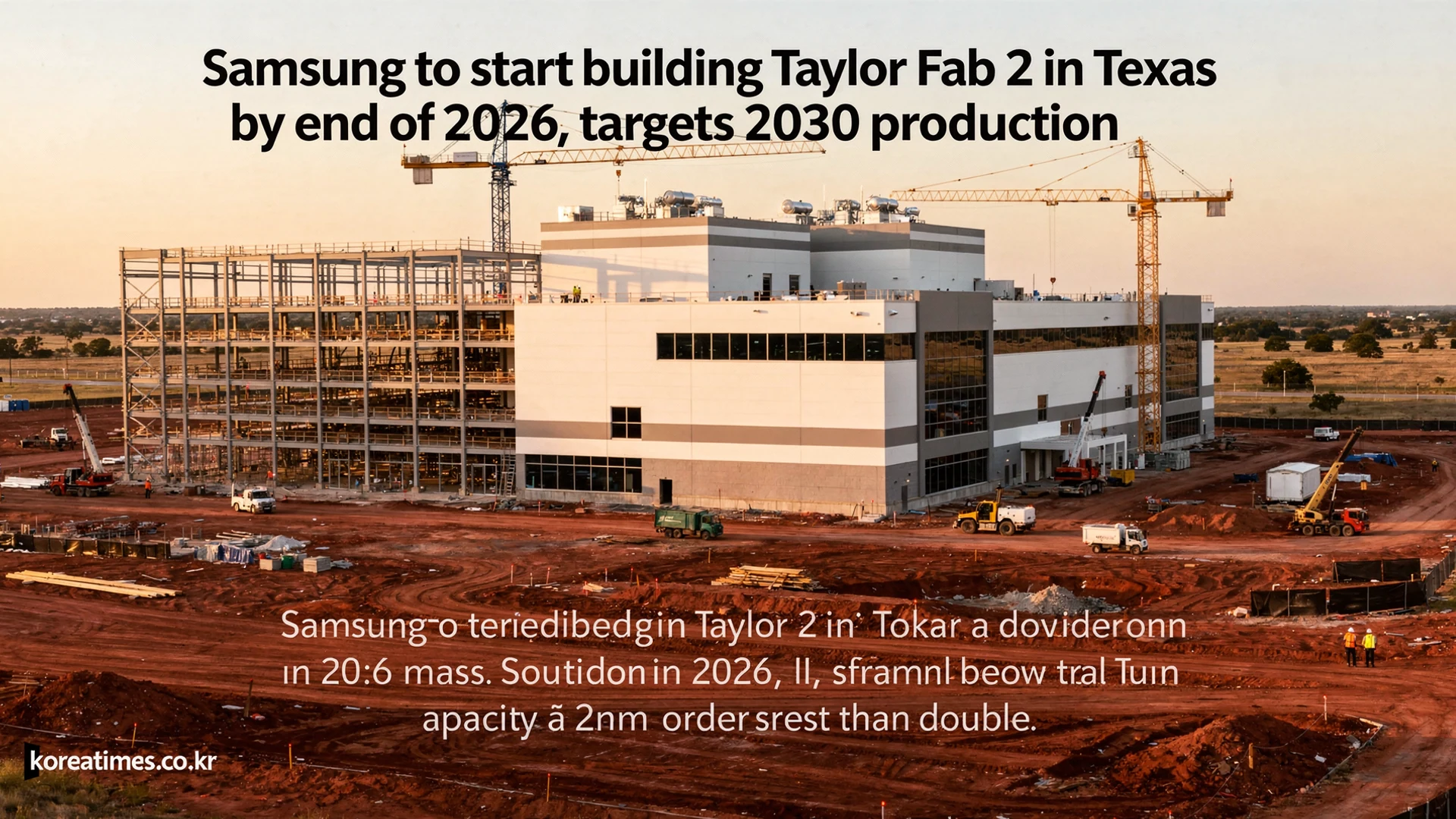 Editorial view of the unfinished Samsung semiconductor fab building under construction on the flat Taylor, Texas campus, with tower cranes rising beside the concrete and steel shell against a pale sky.