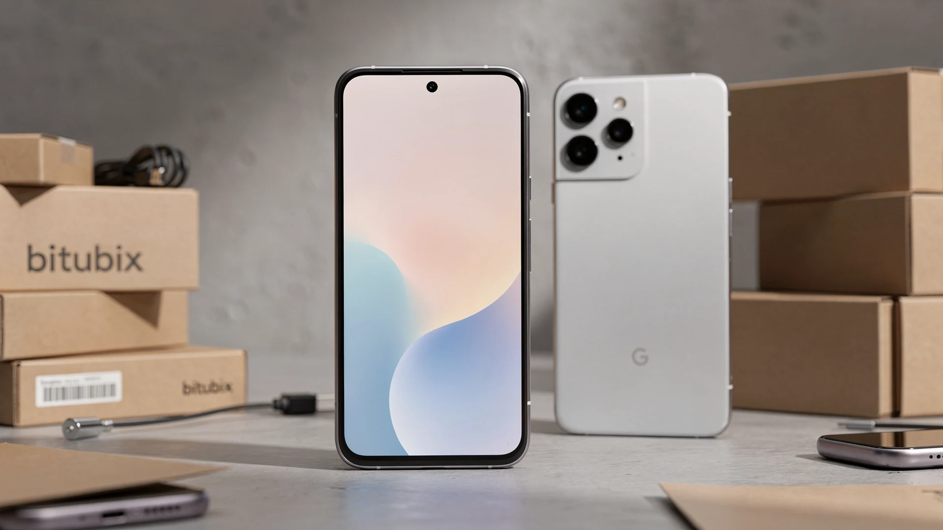 Google Pixel 11 Pro in a product studio with its camera bar and glowing Gemini indicator.