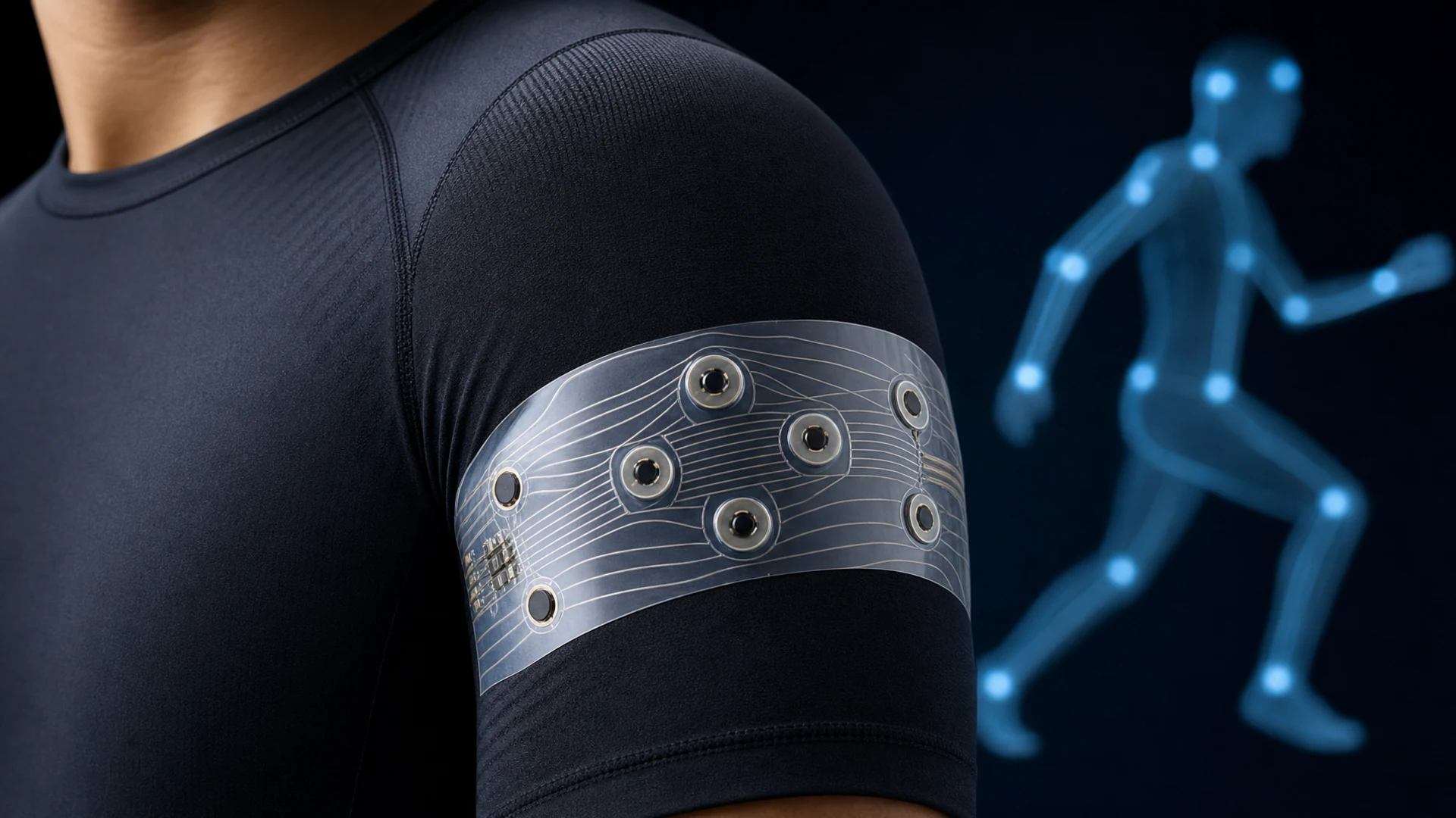 Macro product photo of a dark stretchable piezoresistive sensor ribbon flexed into an arc on a graphite studio surface