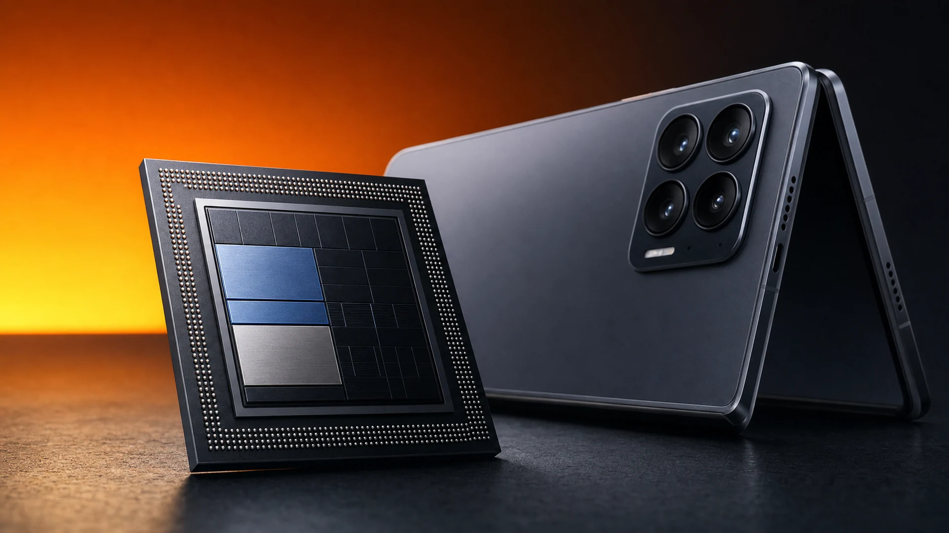 Xiaomi 18 Fold smartphone with a blank screen in a product studio, symbolizing Xiaomi's in-house Xring O3 processor.