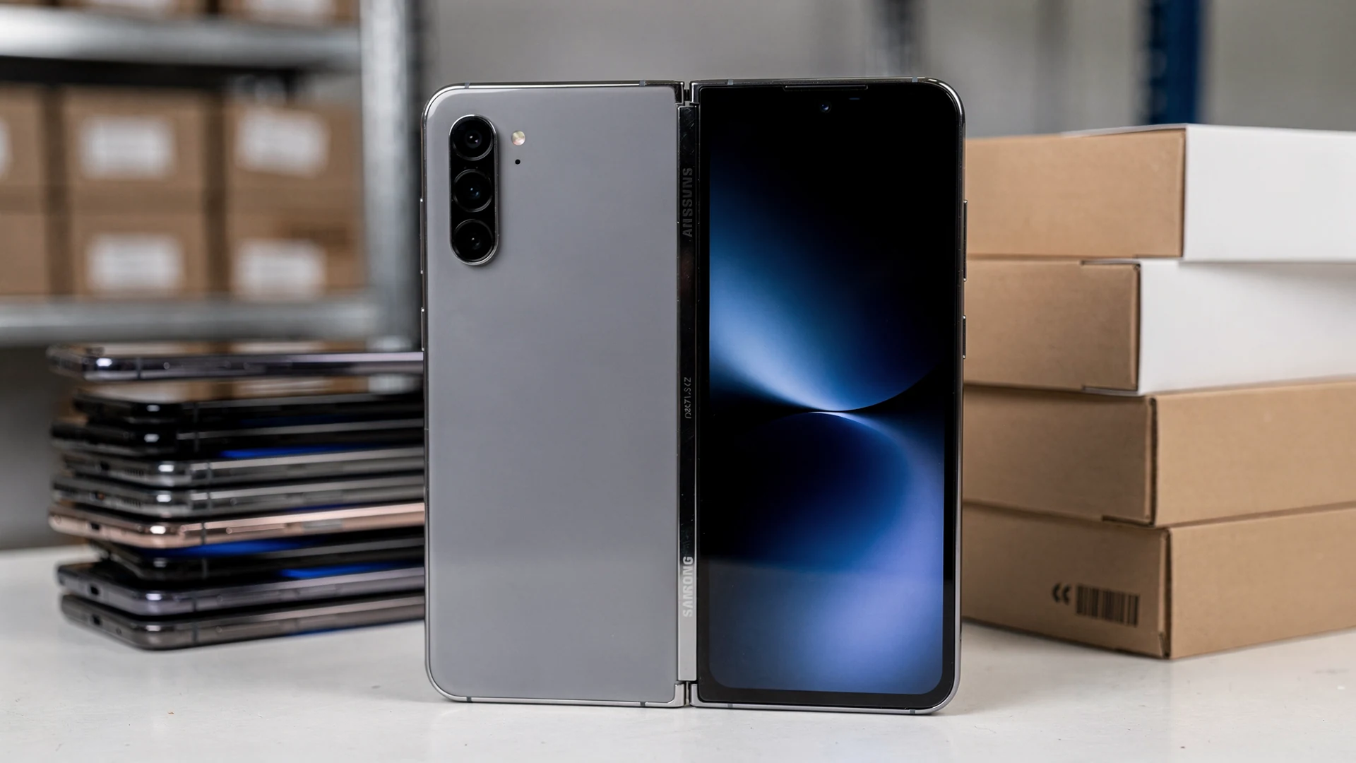 Samsung Galaxy Z Fold 8 opened on a black plinth in a wholesale device warehouse