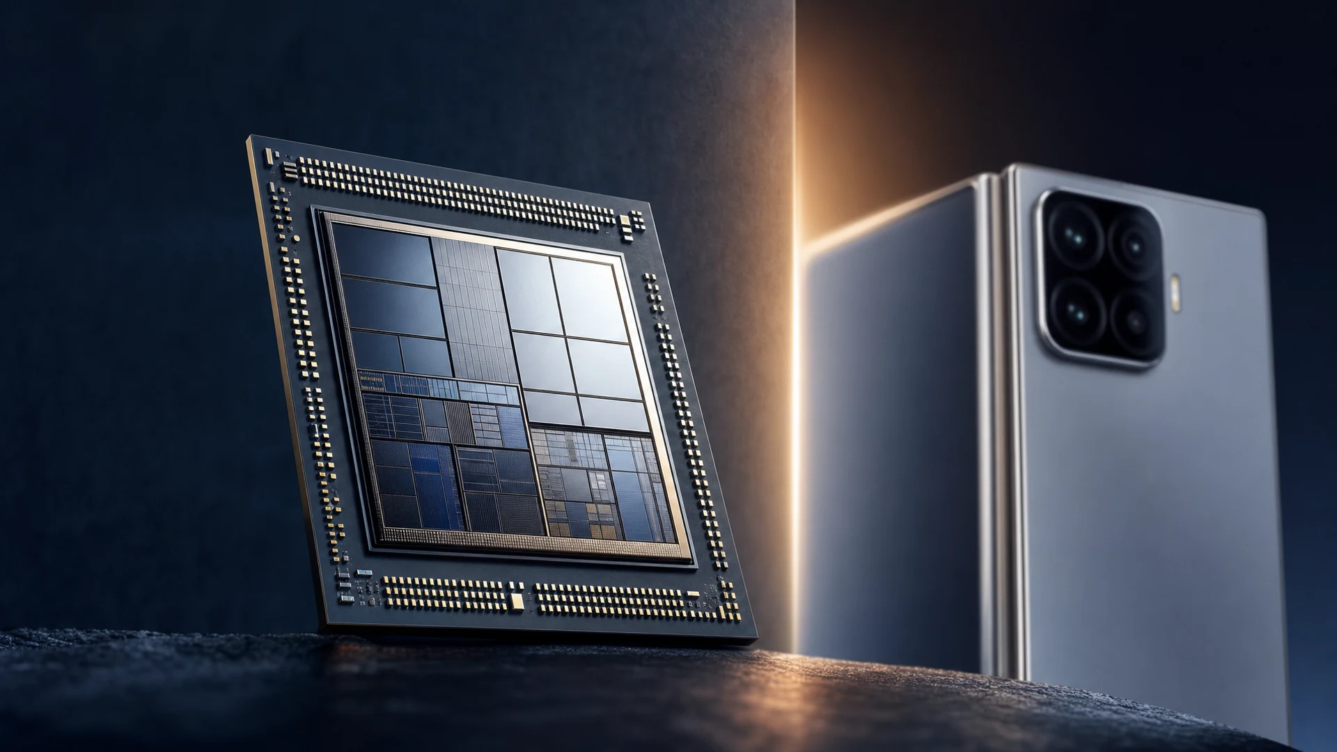 A single Xiaomi Xring O3 processor die on a dark reflective studio table with a cool blue accent glow