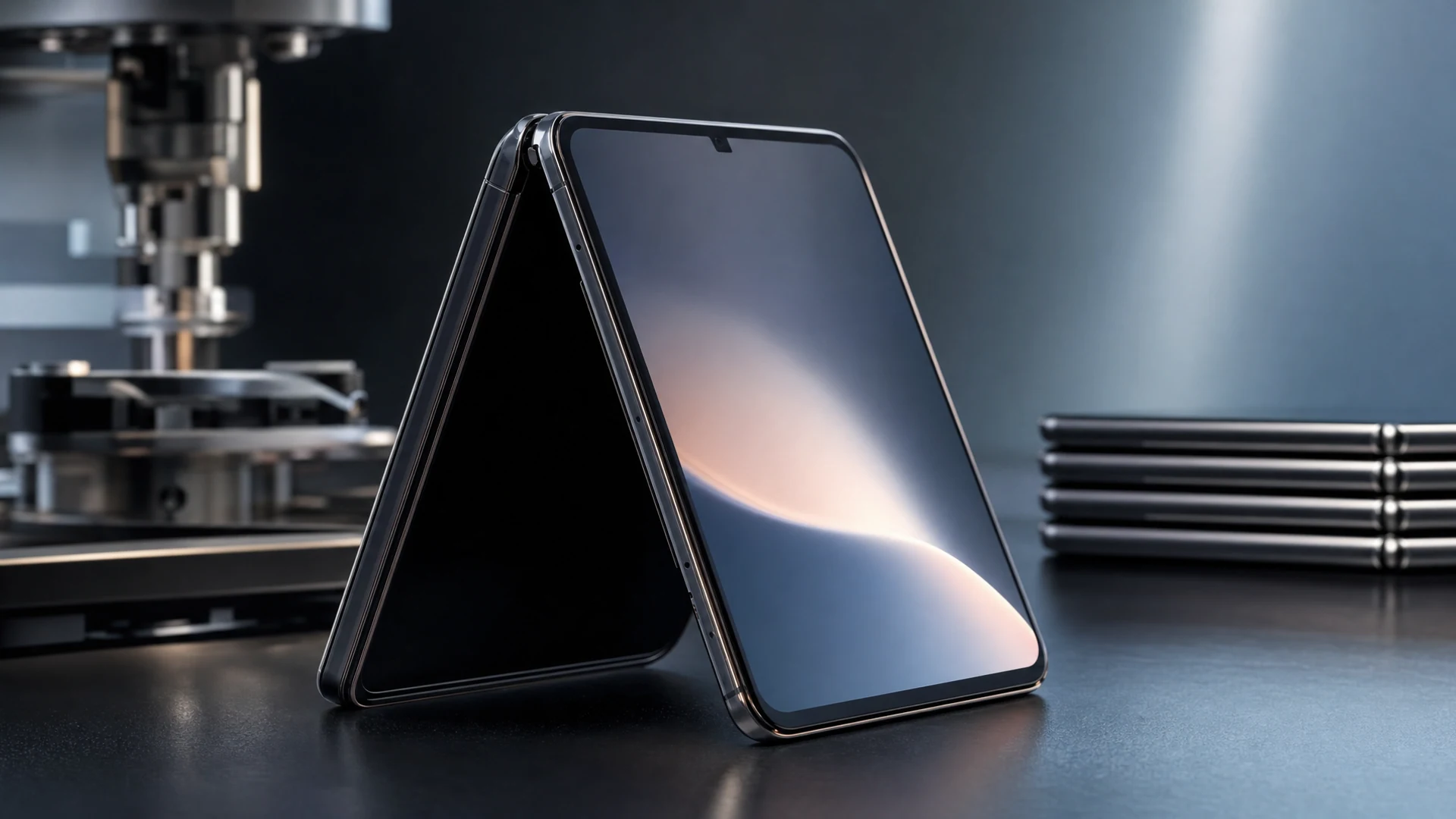 Open book-style foldable smartphone standing in a dark product studio with dramatic side lighting