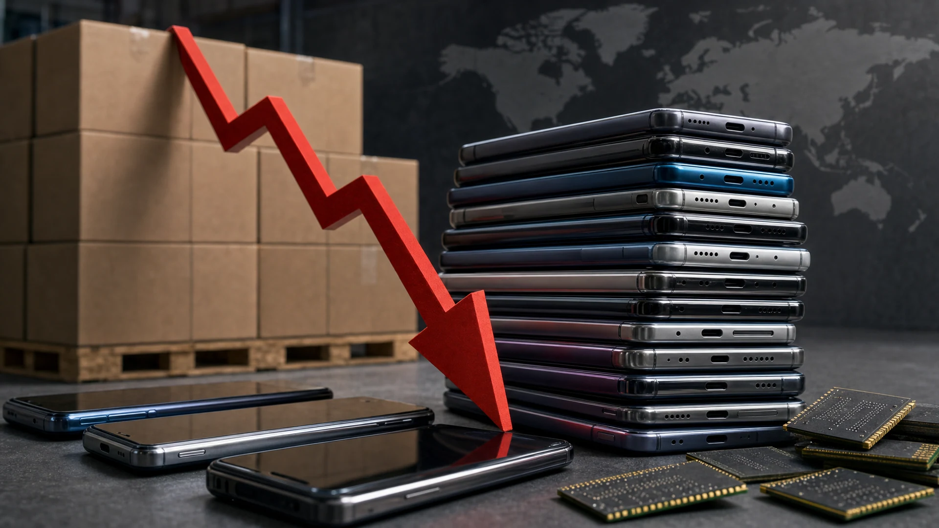 A logistics inspector in a warehouse holds a black Samsung smartphone with a blank screen, surrounded by blurred handset cartons.