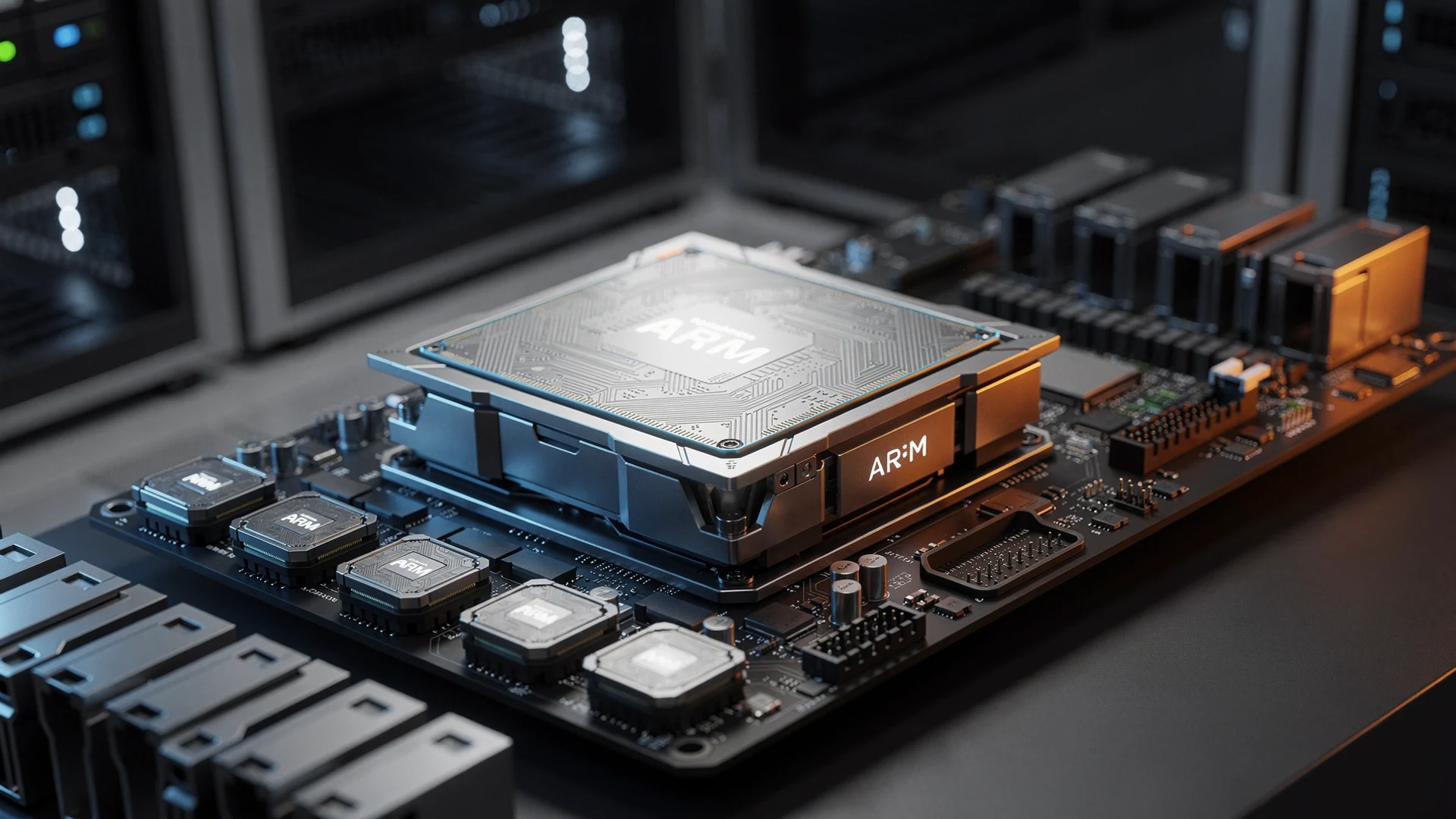 A close-up of an Azure Cobalt processor chip on a dark reflective surface with blue and orange light trails emanating from its edges, set against a blurred background with dramatic side lighting and negative space.