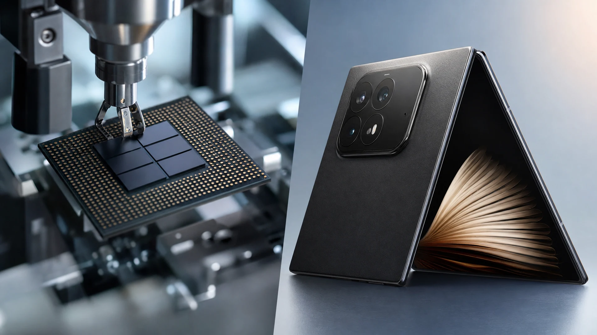 Closed Xiaomi 18 Fold foldable smartphone standing upright in a dark product studio, with two LPDDR6 DRAM chips resting on a brushed metal block in the foreground
