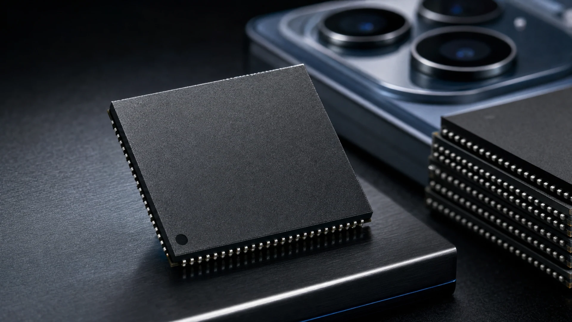 Close-up of a Qualcomm Snapdragon smartphone processor on an antistatic foam pad in a wholesale electronics distribution setting