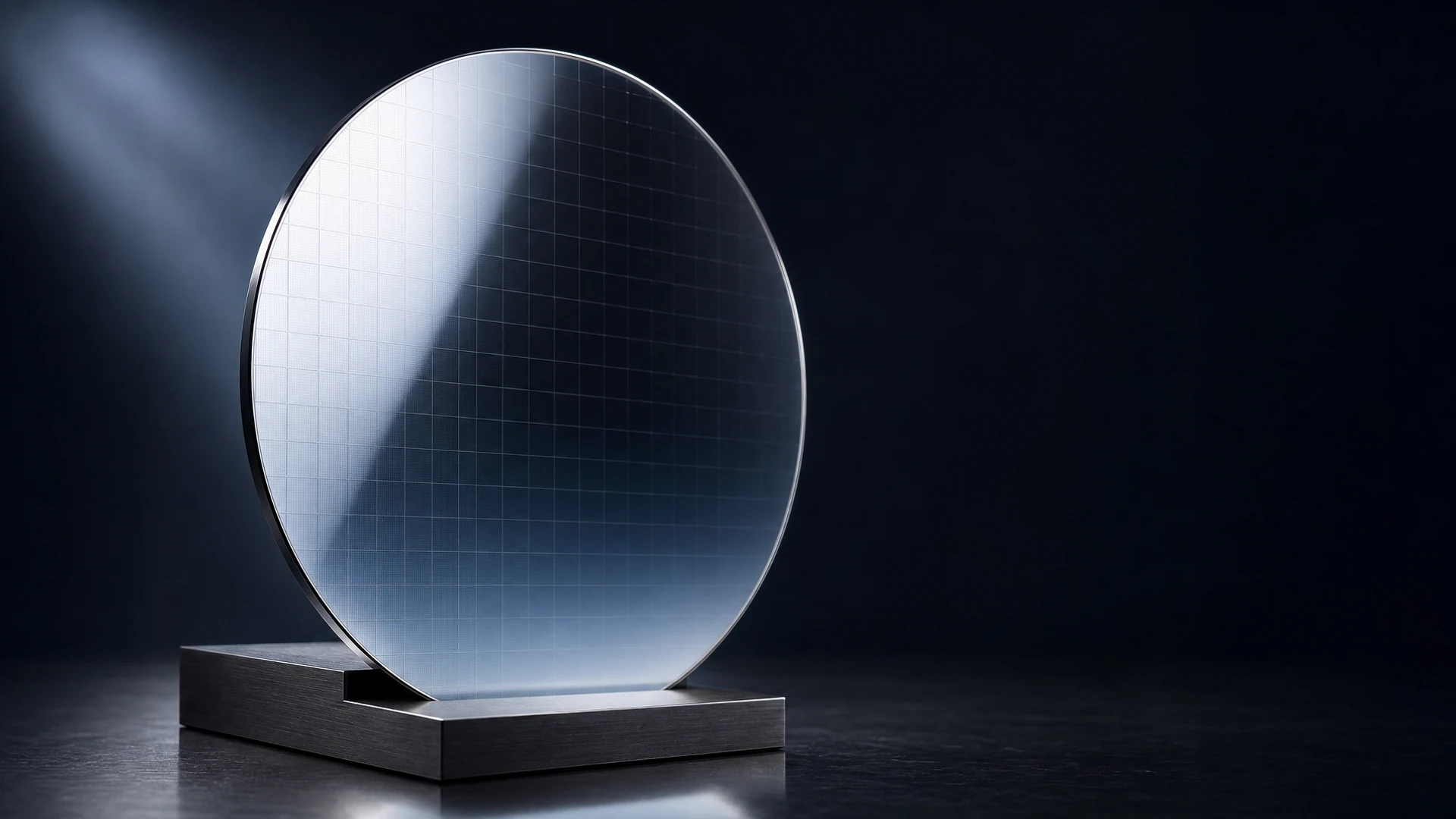 Close-up studio shot of a blank 300mm silicon wafer on a dark reflective pedestal, representing Samsung's 4nm SF4 foundry process