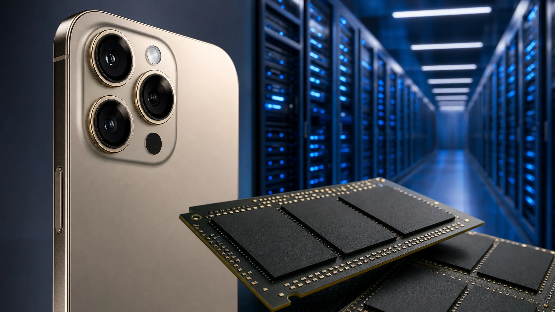 Single flagship smartphone standing on a warehouse workbench beside a small stack of memory modules