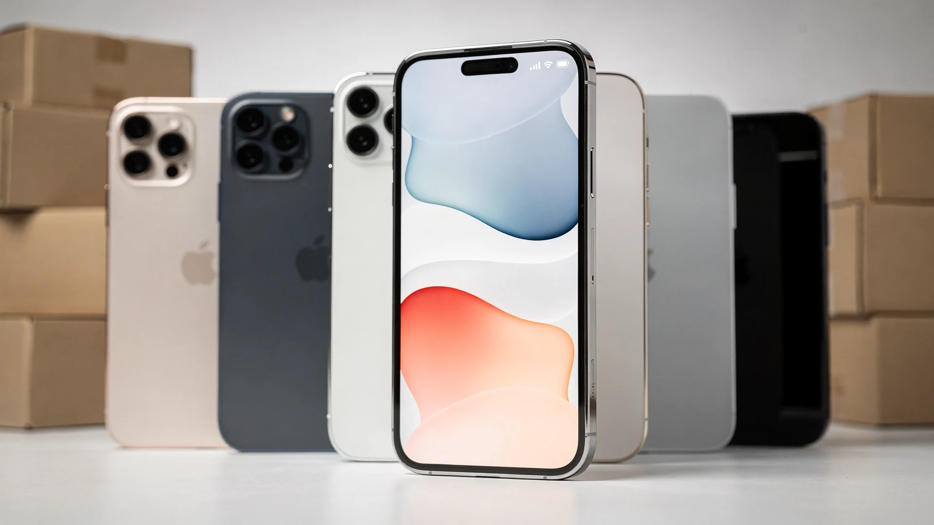 Apple iPhone 17 base model standing on a pedestal in a wholesale smartphone warehouse, premium product-focused editorial photo