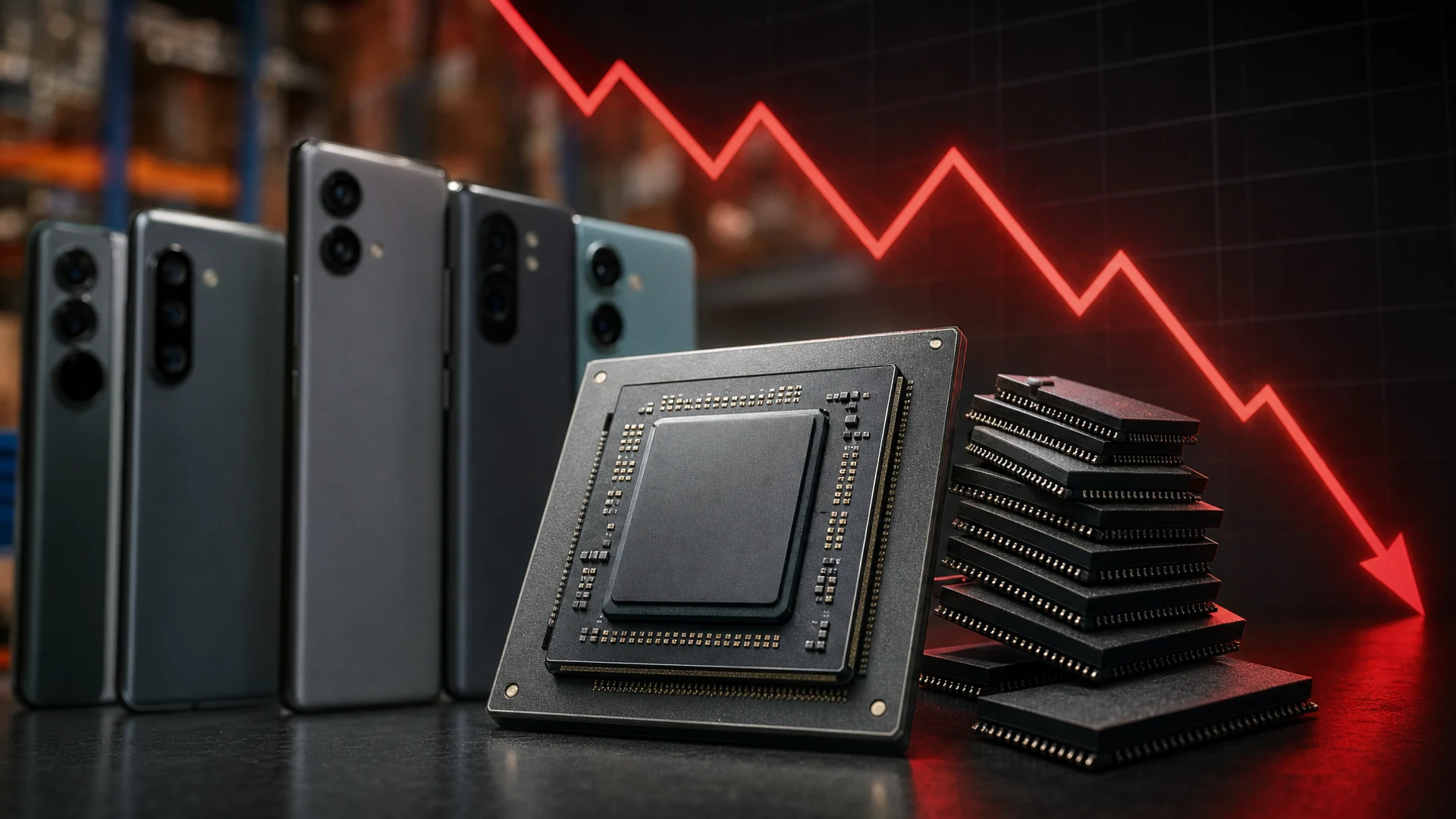 Smartphone logic board with SoC and memory chips on a warehouse workbench, high-contrast editorial crop