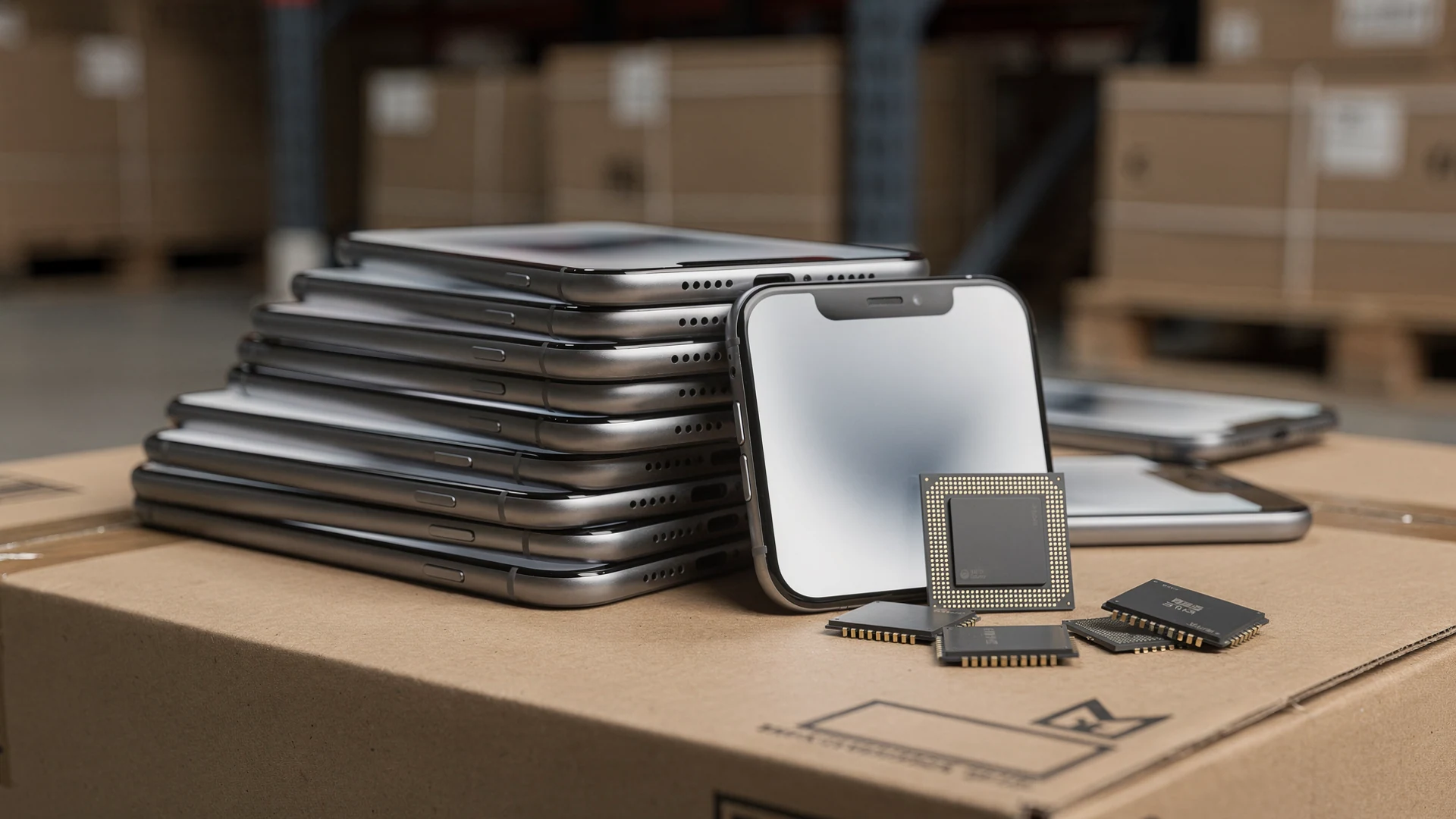 Smartphone logic board with SoC and memory chips on a warehouse workbench, high-contrast editorial crop