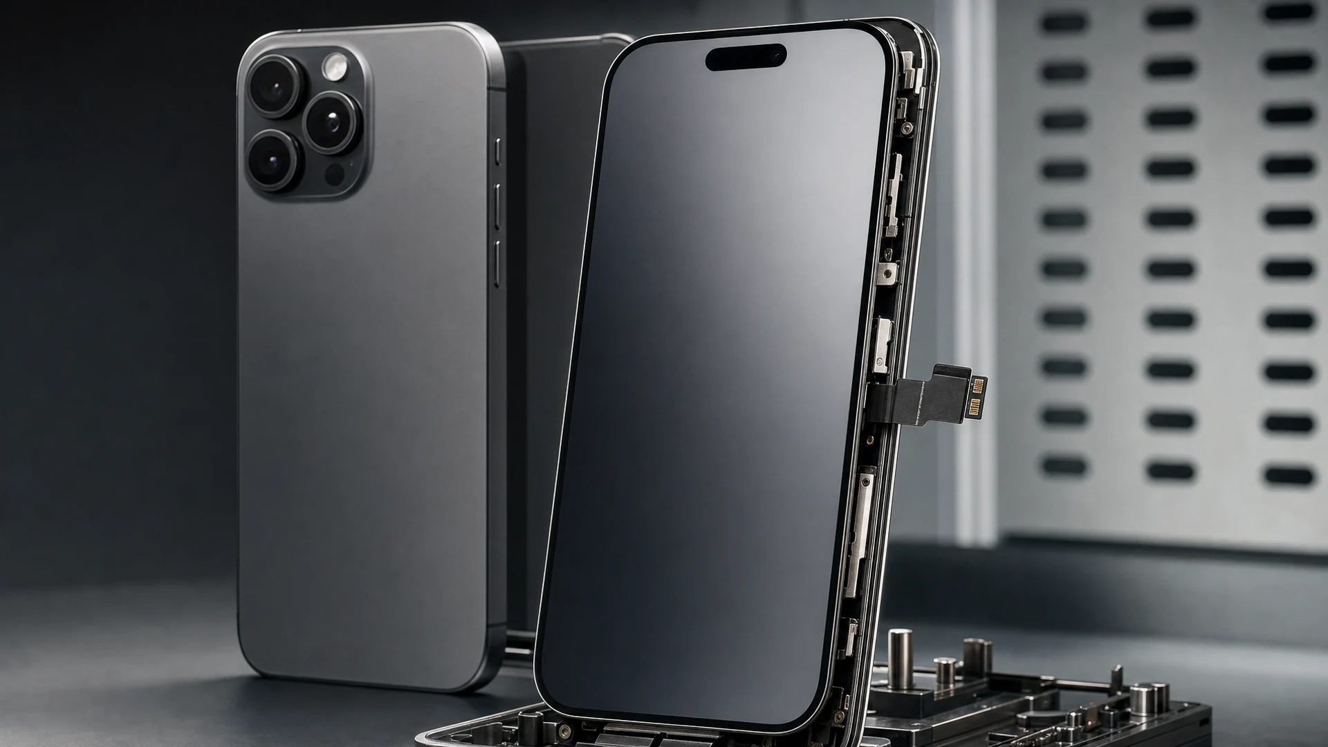 Blank iPhone 18 Pro Max OLED panel on a matte black stand in a dark industrial product studio with soft screen glow.