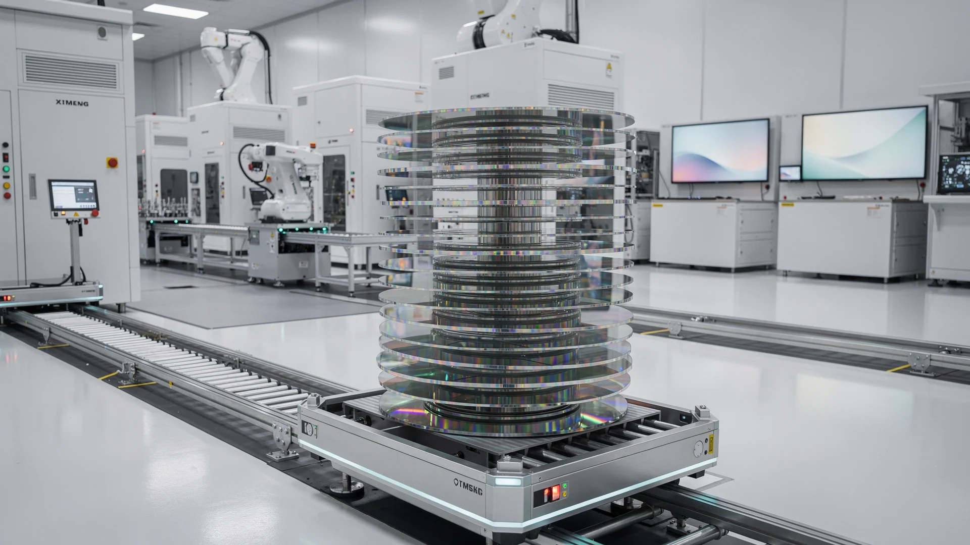 Pristine 300mm silicon wafer on a cleanroom plinth with soft amber glow, symbolizing TSMC advanced chip manufacturing expansion