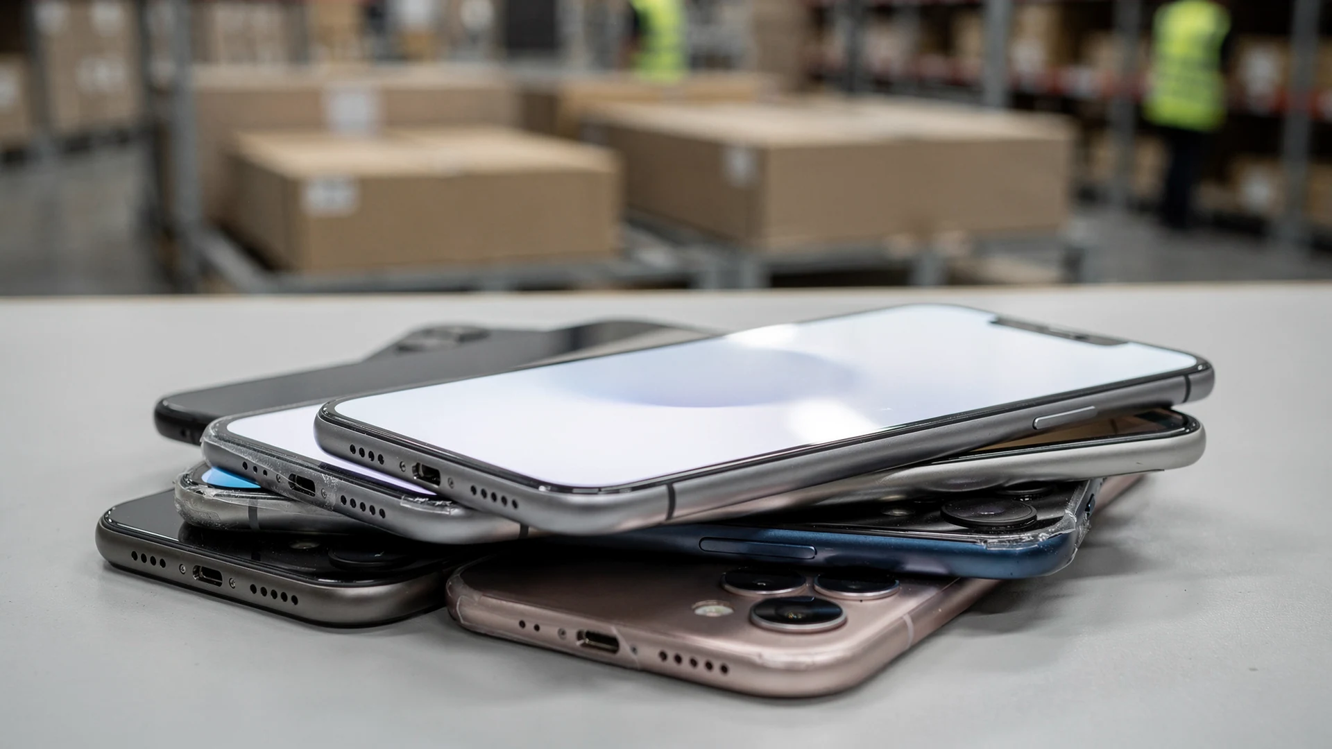 Samsung smartphone on a warehouse counter in a mobile device distribution center, dark editorial lighting