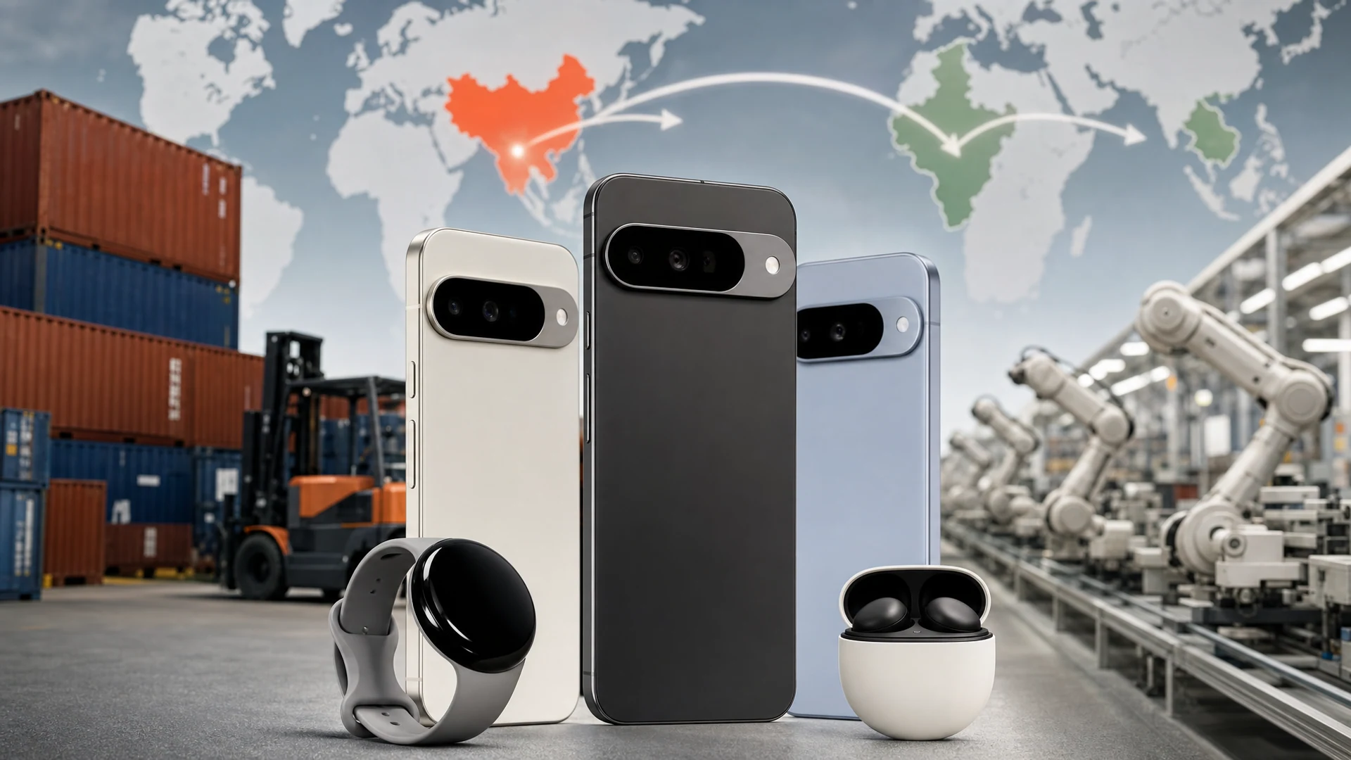 Flagship Google Pixel smartphone standing upright on a brushed-aluminum surface in a clean electronics manufacturing studio with a softly blurred assembly line behind it.