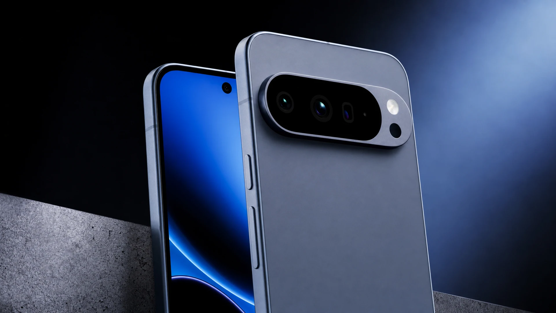 Pixel 11 smartphone standing on a warehouse counter with a blank screen and blurred device boxes behind