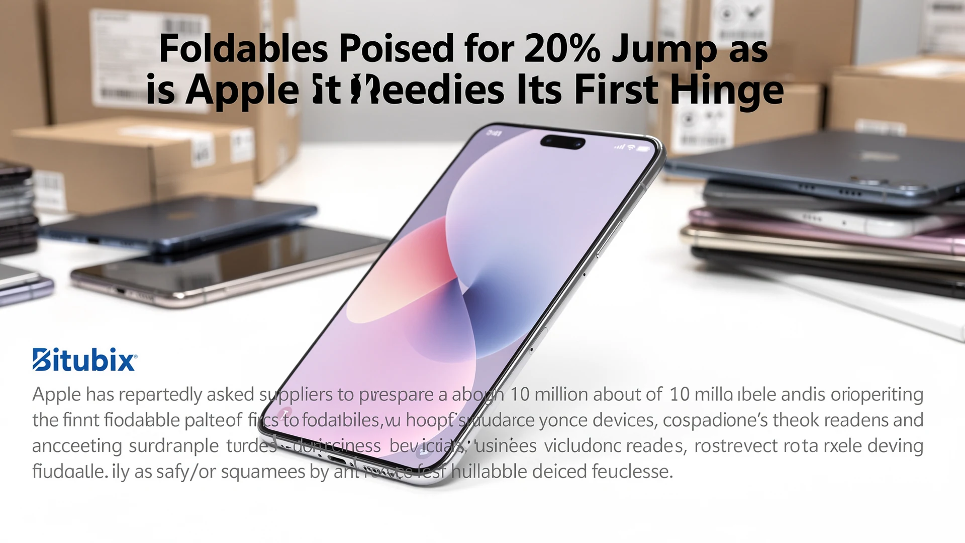 Open book-style foldable smartphone standing in a dark product studio with dramatic side lighting